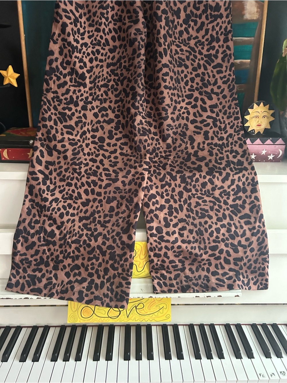 Leopard Print Wide Leg Palazzo Pants Elastic Waist Lounge Boho Women’s Large - Picture 10 of 15